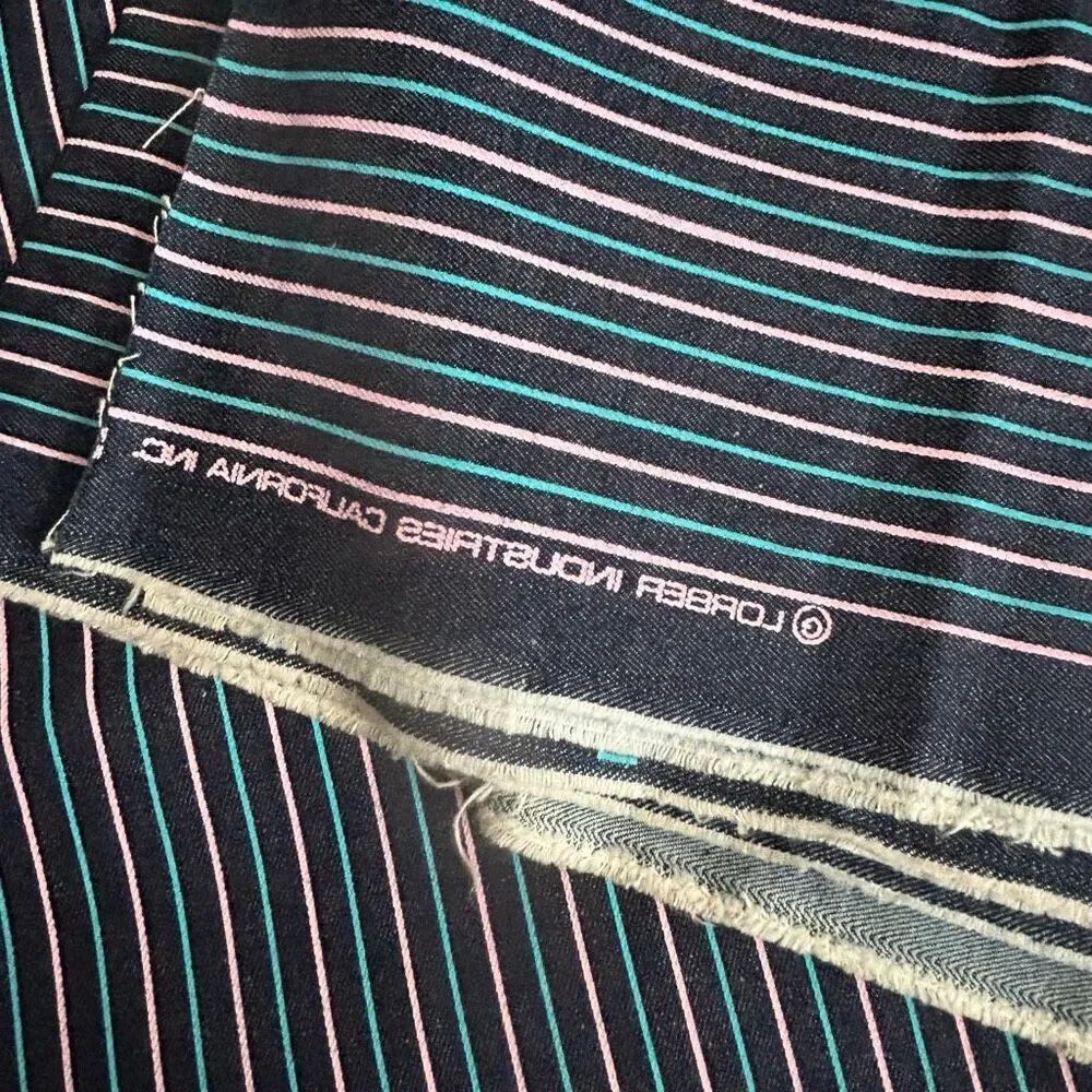 Vintage Y2K Dark Denim Pink Turquoise Striped Fabric 2.5 yards